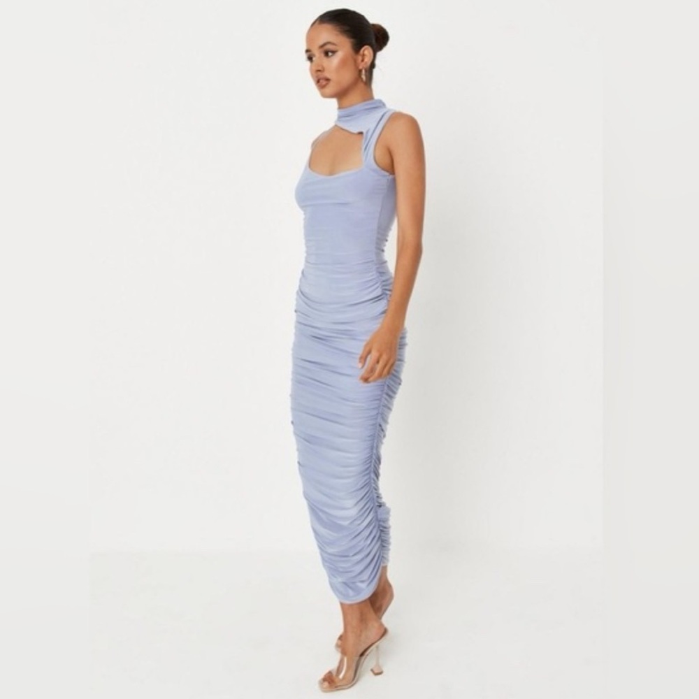 Missguided Blue Slinky High Neck Cut Out Midaxi Dress